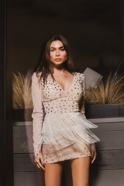 Short Dress with Rhinestones and Crystal Fringes - eirinimakkoushop